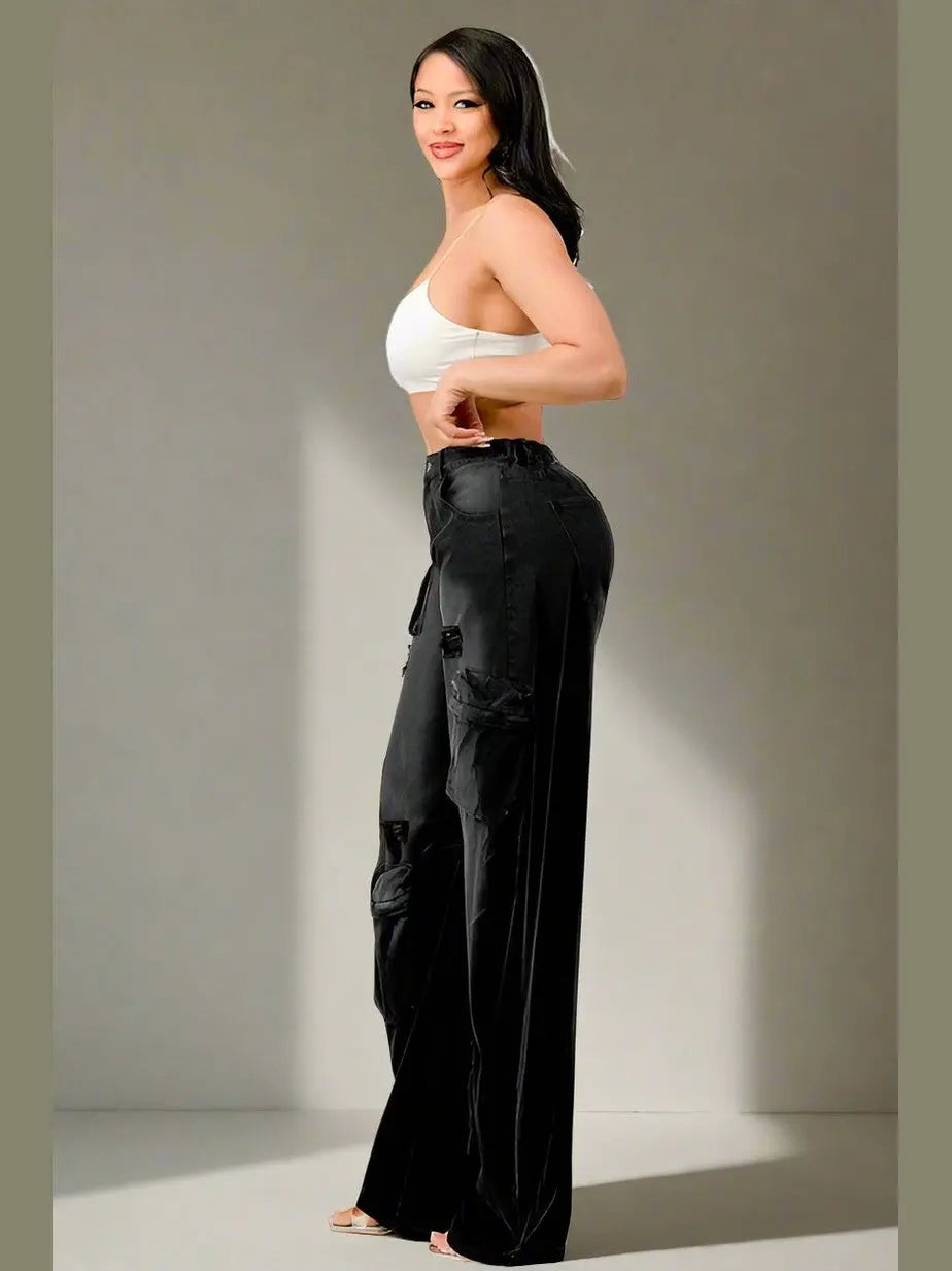 Black Washed-Out High-Waist Cargo Pants - Chic Women's Jeans | Belle Kloset Fashion