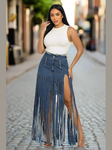 Bohemian Blues Fringe Denim Skirt