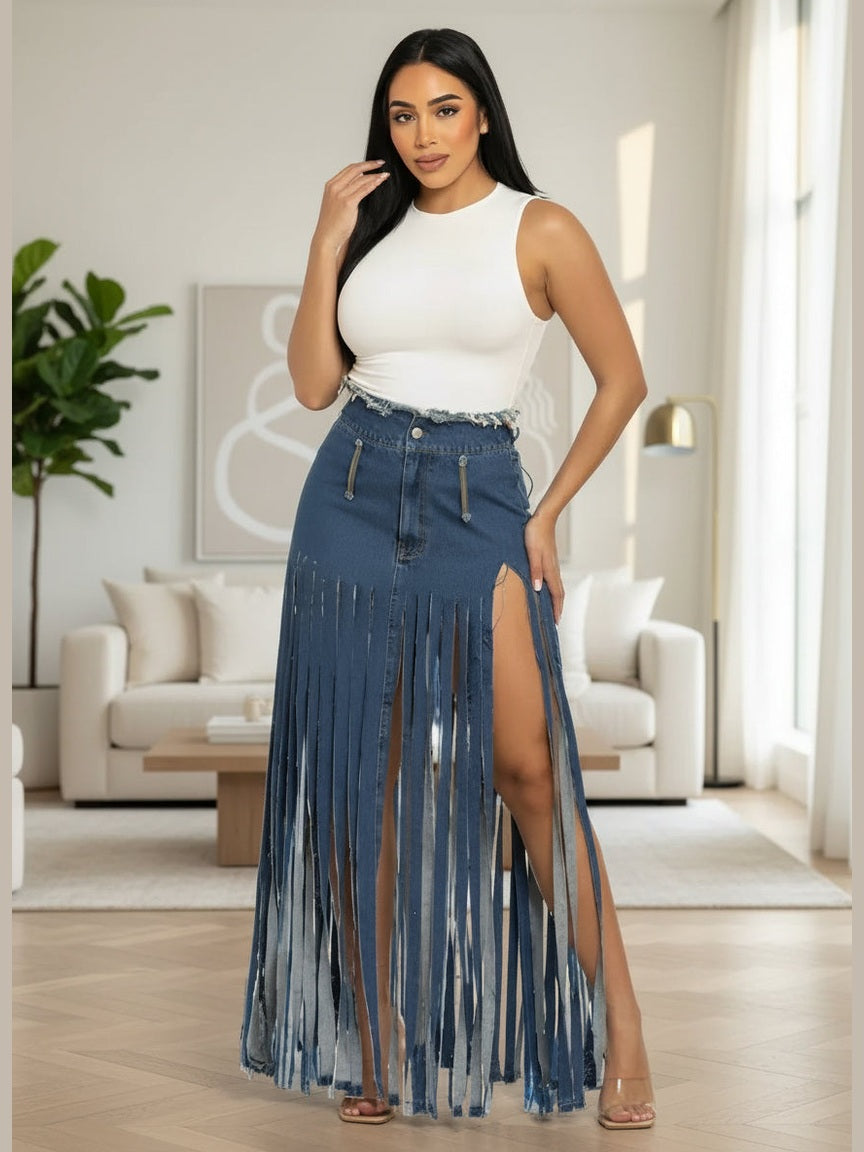 High-Waisted Bohemian Denim Skirt – Chic Women's Skirt | Belle Kloset Fashion
