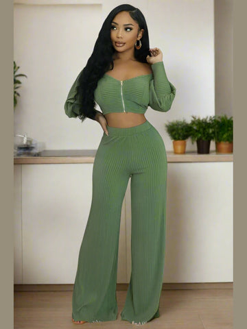Sweet Harmony Two-Piece Set - Elegant women's fashion set with cropped top and high-waisted pants, perfect for casual or evening wear. Model facing forward in green