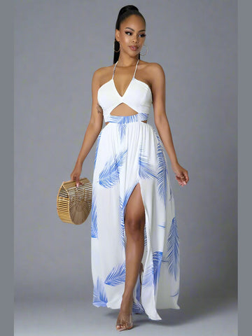 "Blue and white halter neck maxi dress with deep V-neckline, sleeveless design, open back with self-tie, elastic waist, and a flowy draped skirt.