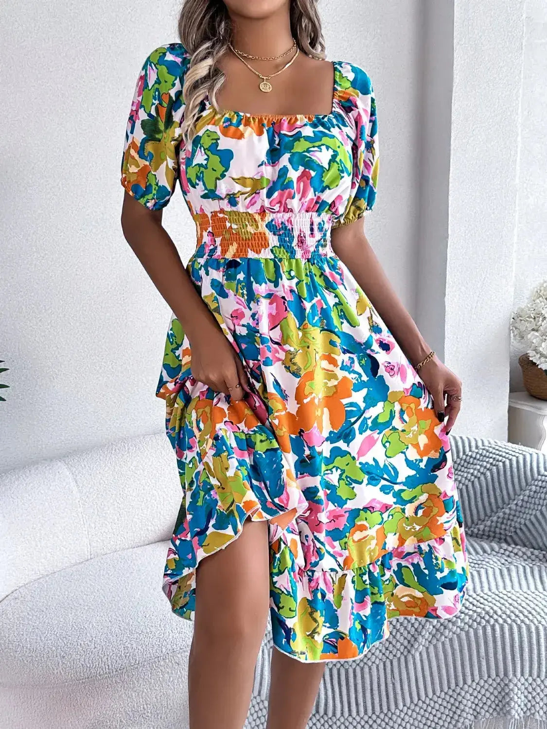 Floral Midi Dress With Short Sleeves – Chic Women's Dresses | Belle Kloset Fashion