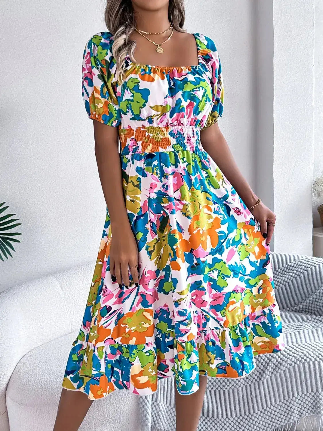 Floral Midi Dress With Short Sleeves – Chic Women's Dresses | Belle Kloset Fashion