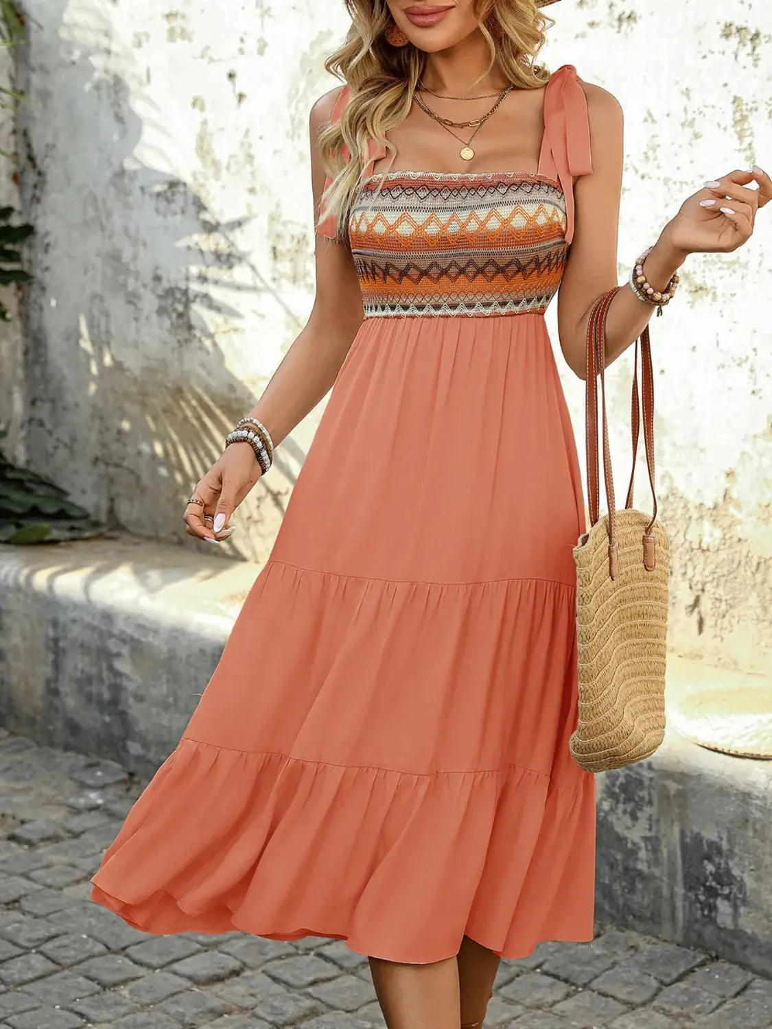 Tie Shoulder Tiered Ruffle Midi Dress – Chic Women's Dresses | Belle Kloset Fashion