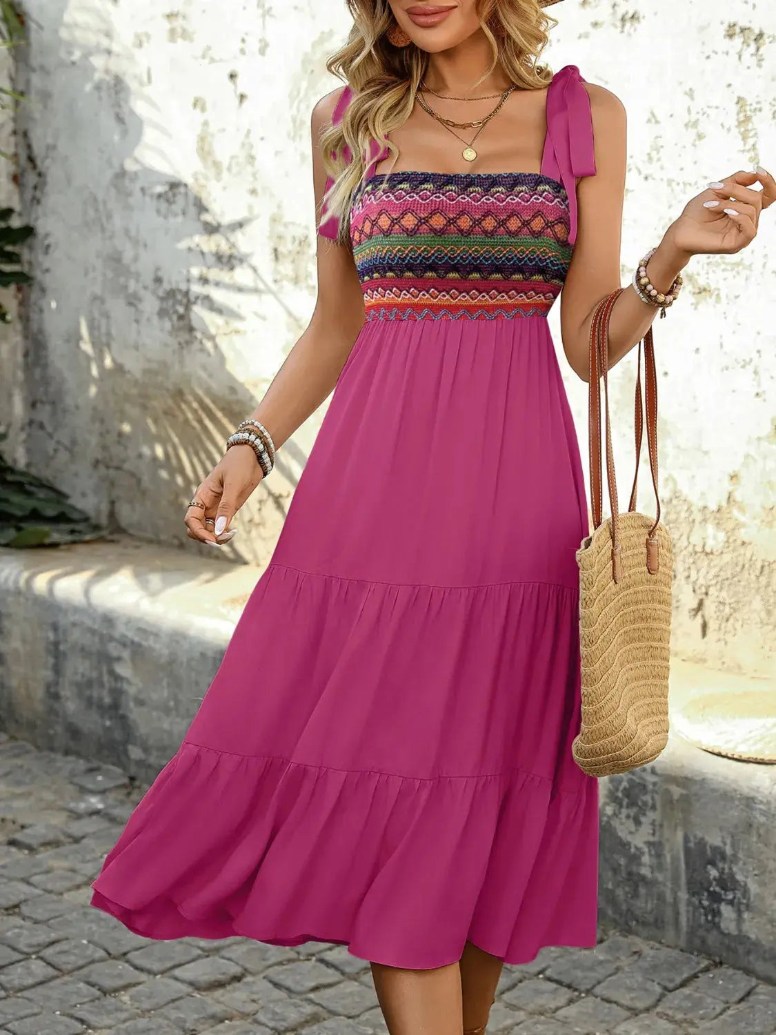 Tie Shoulder Tiered Ruffle Midi Dress – Chic Women's Dresses | Belle Kloset Fashion