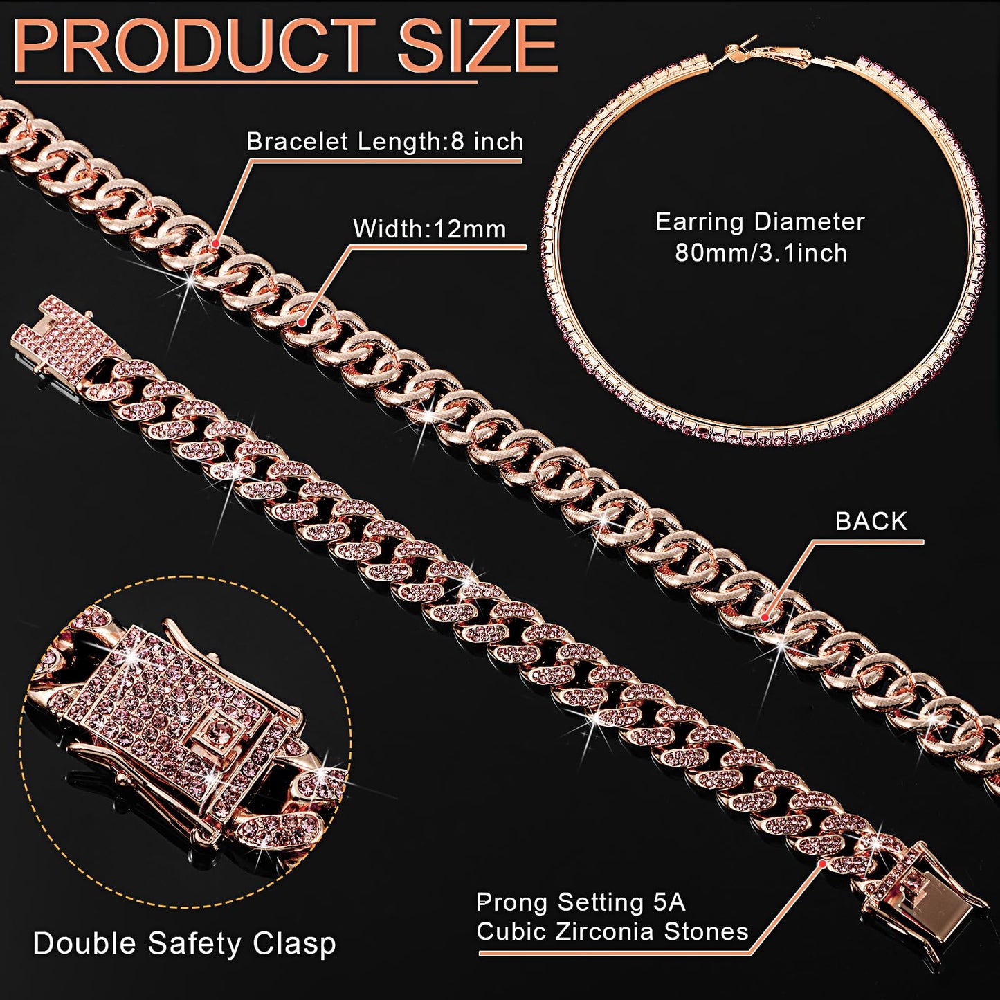 Batiyeer 3 Pcs Cuban Link Chain Necklace Bracelet Rhinestone Hoop Earrings Bling Crystal Hip Hop Jewelry for Women(18 Inch,Rose Gold Pink) Batiyeer