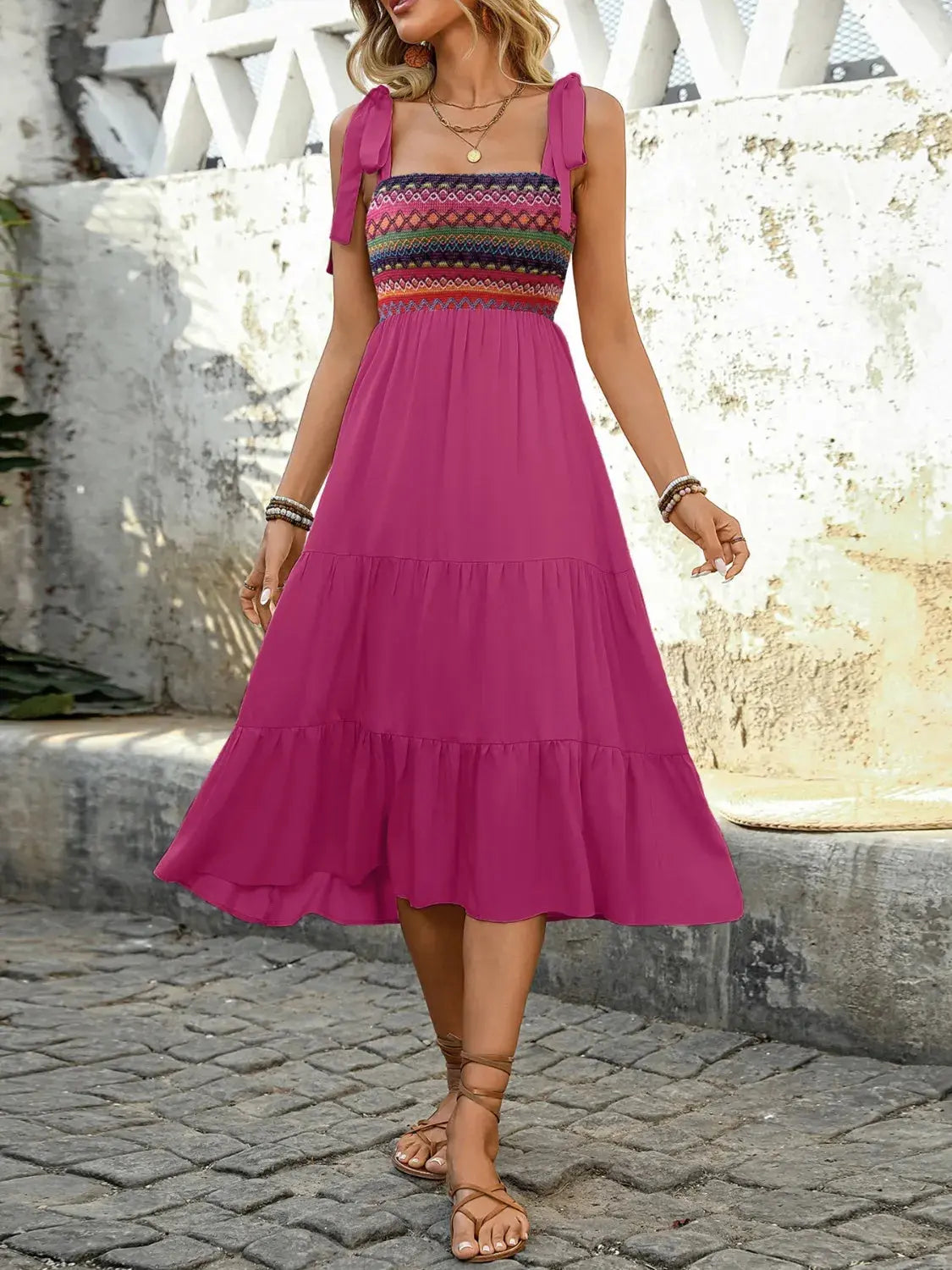 Tie Shoulder Tiered Ruffle Midi Dress – Chic Women's Dresses | Belle Kloset Fashion