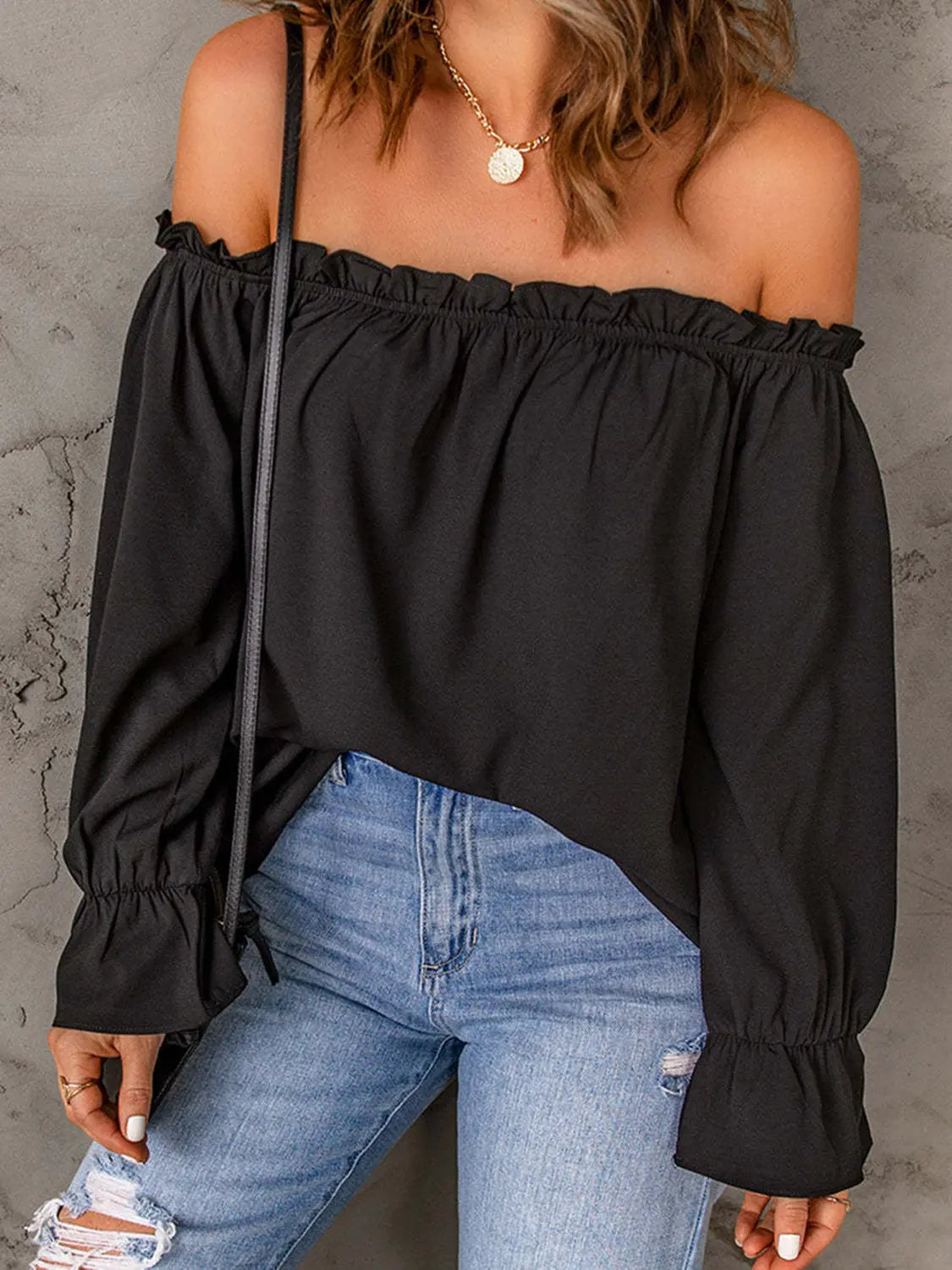 Chic Off-Shoulder Blouse with Ruffle Sleeves - Chic Women's Tops | Belle Kloset Fashion