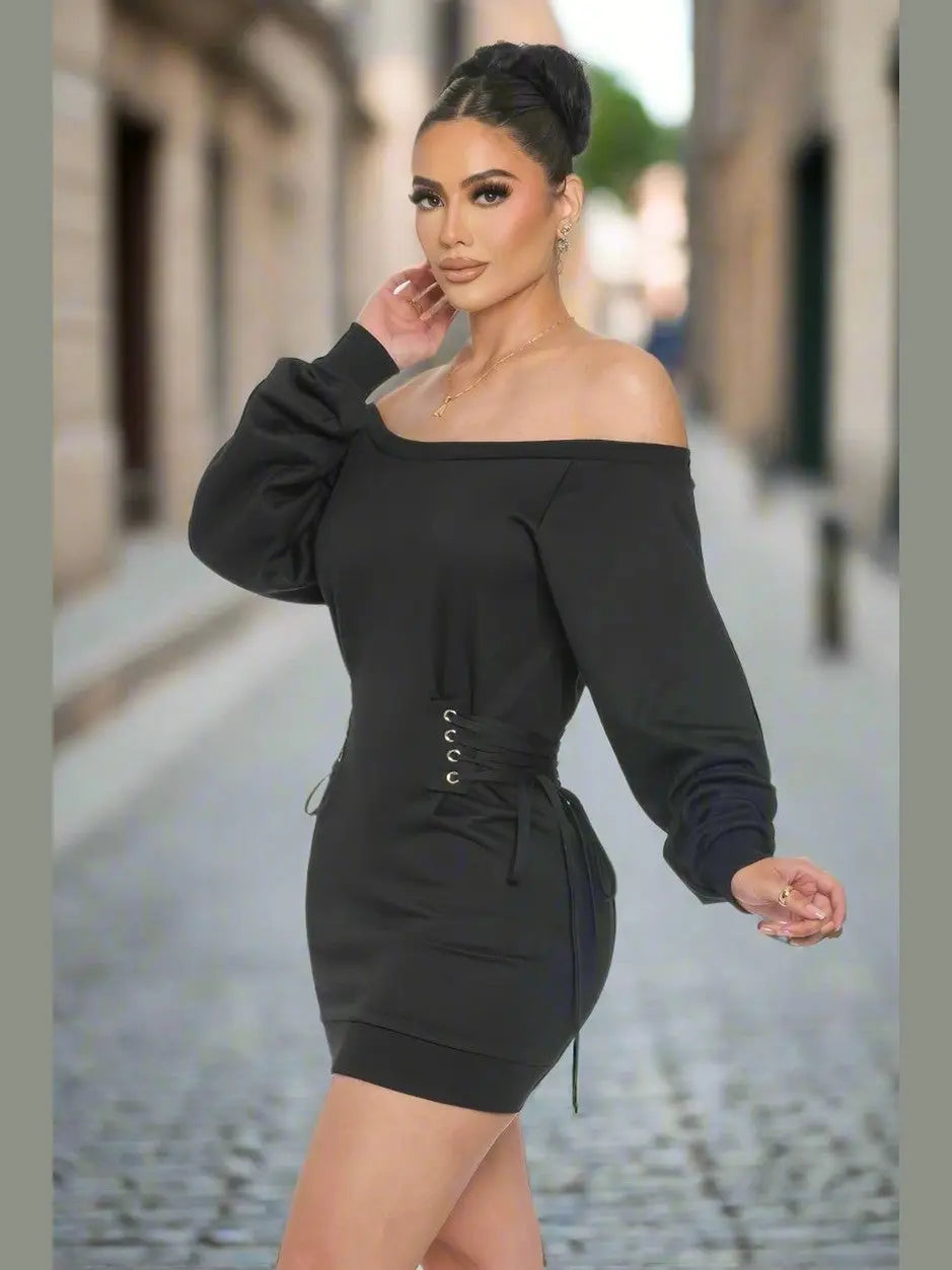 Sassy Off Shoulder Mini Dress (Black) - Chic Women's Dresses | Belle Kloset Fashion