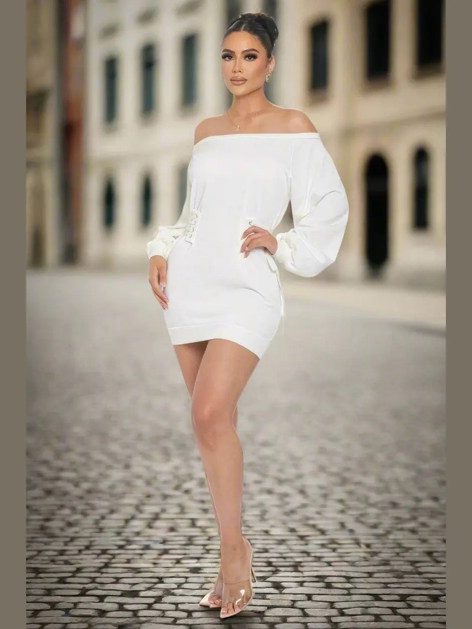 Sassy Off Shoulder Mini Dress (White) - Chic Women's Dresses | Belle Kloset Fashion