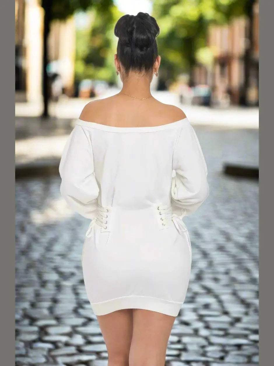 Sassy Off Shoulder Mini Dress (White) - Chic Women's Dresses | Belle Kloset Fashion