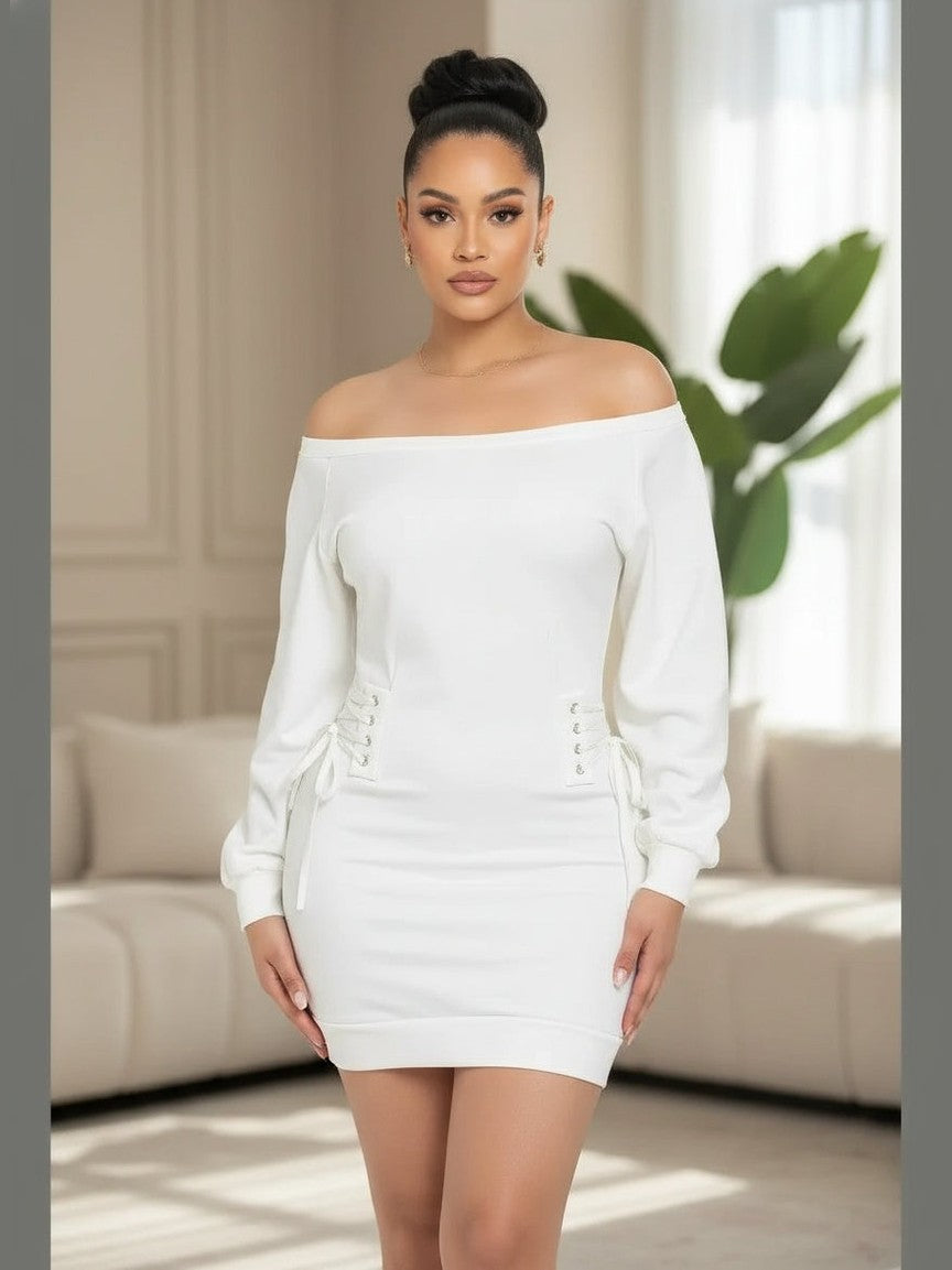 Sassy Off Shoulder Mini Dress (White) - Chic Women's Dresses | Belle Kloset Fashion
