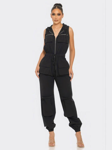 Hooded Cargo Jumpsuit Black