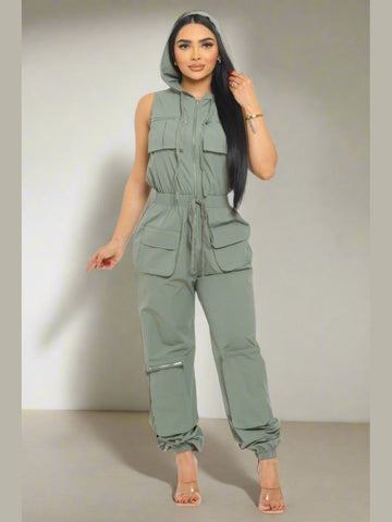 Hooded Cargo Jumpsuit Olive