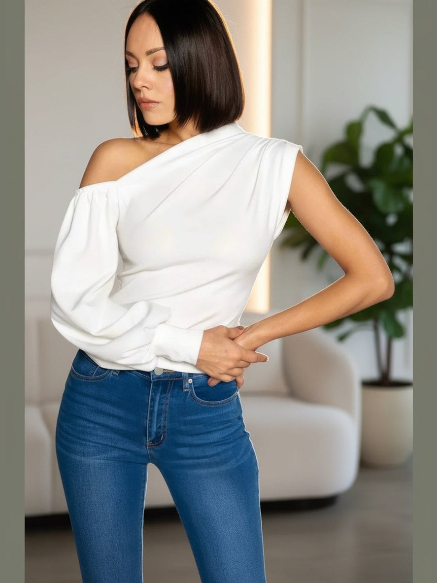 Sassy One-shoulder Top (White) - Chic Women's Tops | Belle Kloset Fashion
