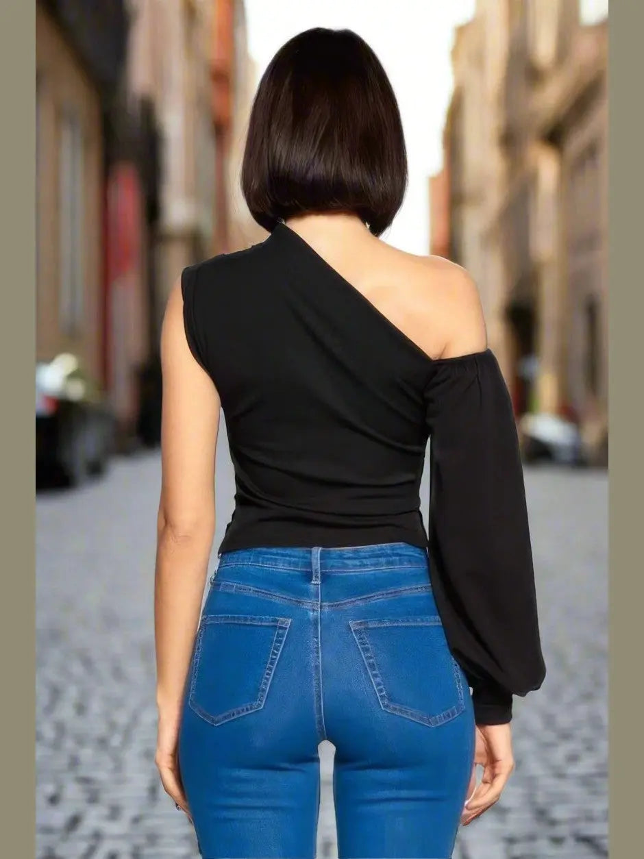 Sassy One-shoulder Top (Black) - Chic Women's Tops | Belle Kloset Fashion