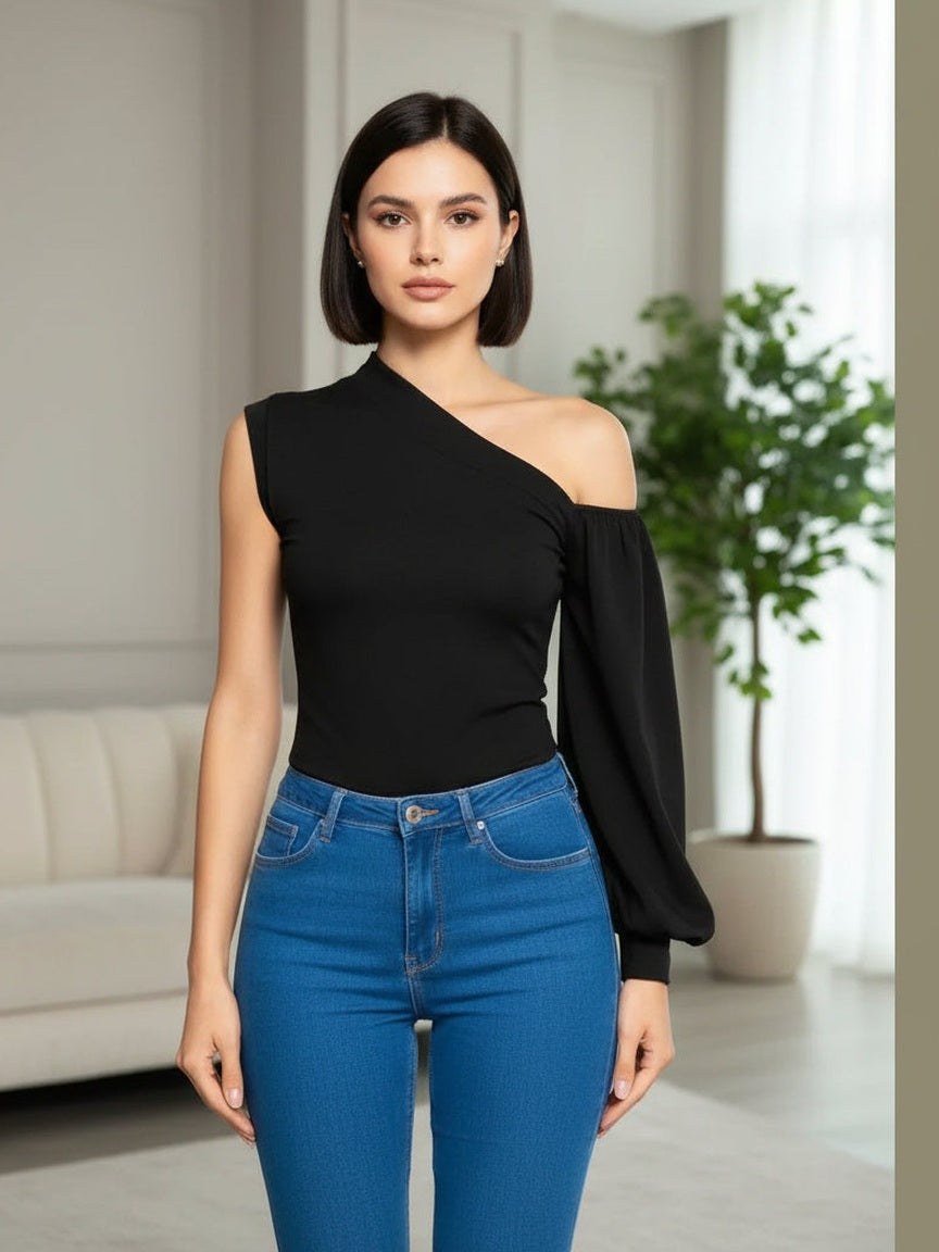 Sassy One-shoulder Top (Black) - Chic Women's Tops | Belle Kloset Fashion