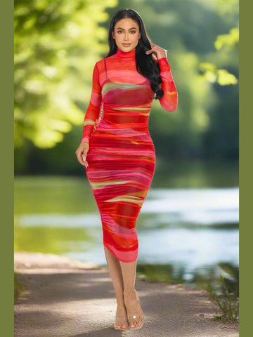 Date Night Mesh Ruched Midi Dress Red