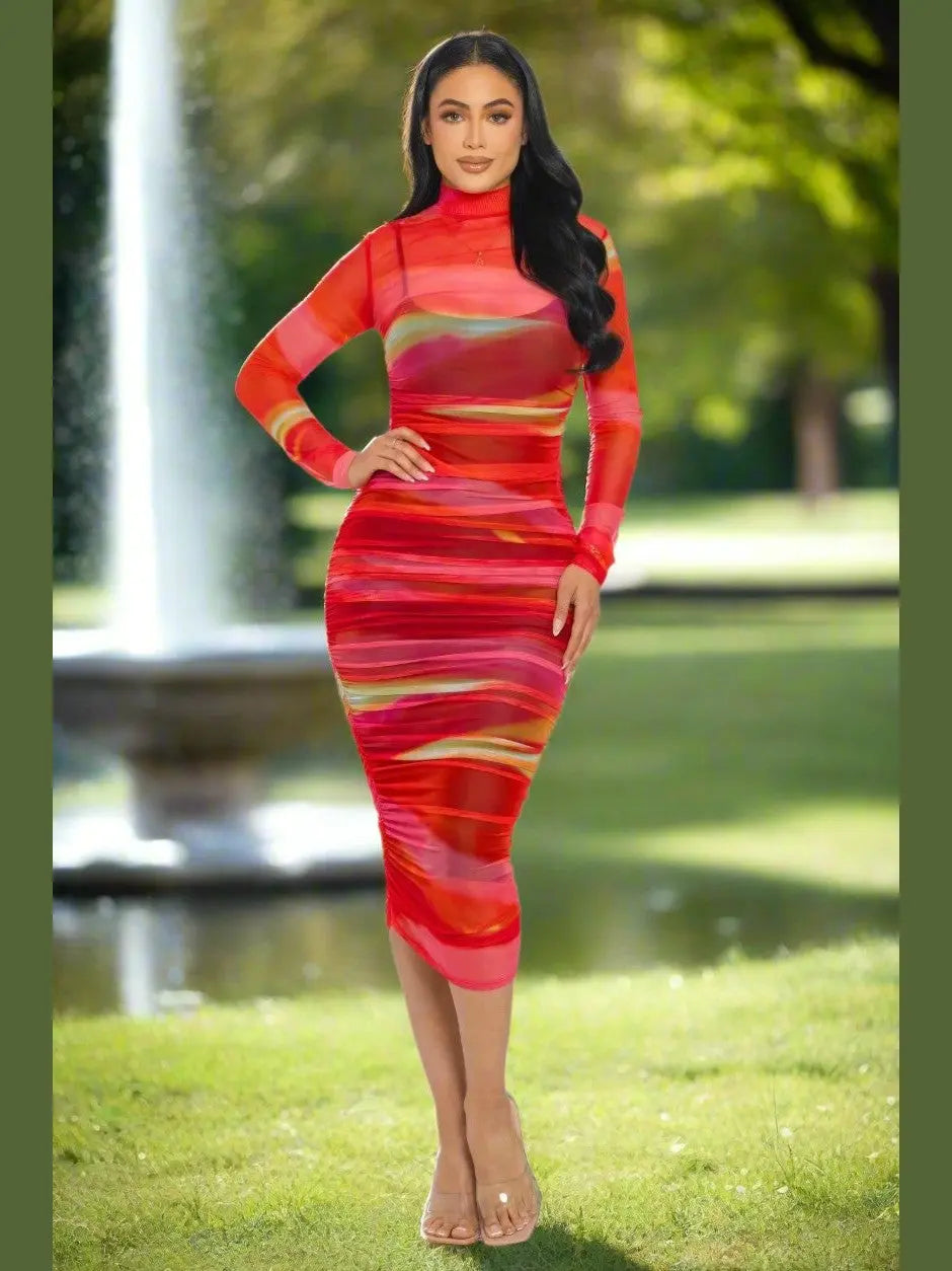 Red Mesh Ruched Midi Dress with Long Sleeves and Smock Neck - Chic Women's Dresses | Belle Kloset Fashion