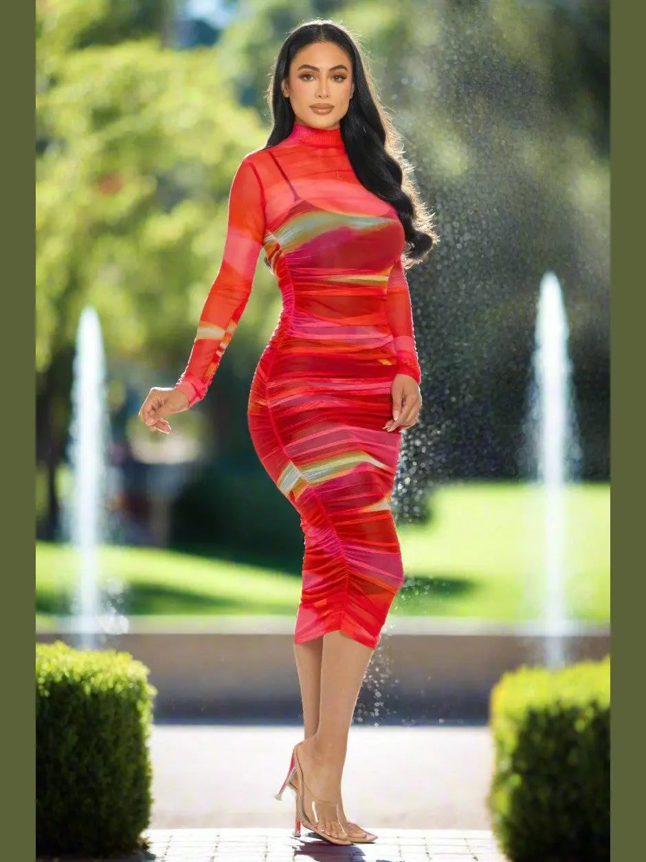 Red Mesh Ruched Midi Dress with Long Sleeves and Smock Neck - Chic Women's Dresses | Belle Kloset Fashion