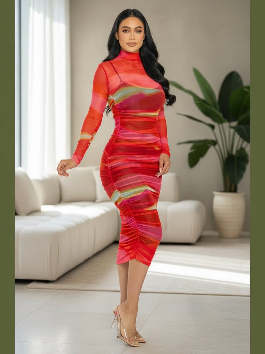 Red Mesh Ruched Midi Dress with Long Sleeves and Smock Neck - Chic Women's Dresses | Belle Kloset Fashion