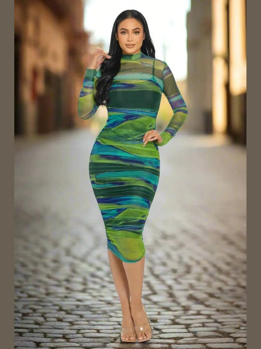 Stylish Green Ruched Midi Dress with Mesh for Date Night - Chic Women's Dresses | Belle Kloset Fashion