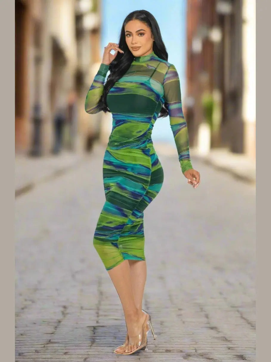 Stylish Green Ruched Midi Dress with Mesh for Date Night - Chic Women's Dresses | Belle Kloset Fashion