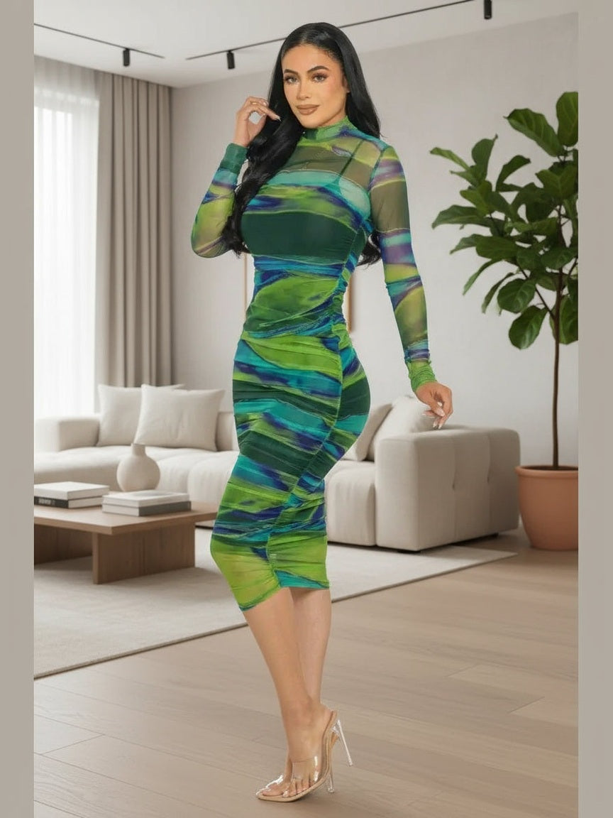Stylish Green Ruched Midi Dress with Mesh for Date Night - Chic Women's Dresses | Belle Kloset Fashion