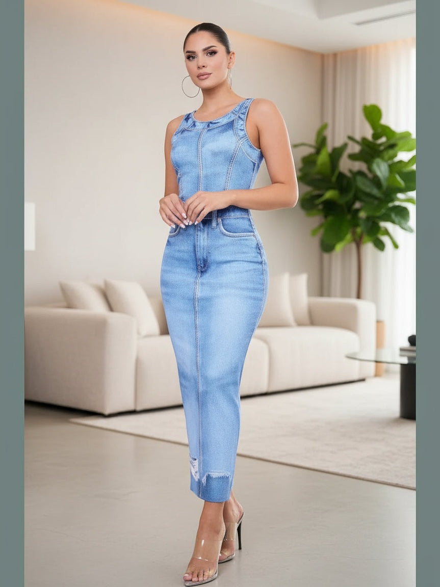 Charlie Denim Print Midi Dress - Chic Women's Dresses | Belle Kloset Fashion