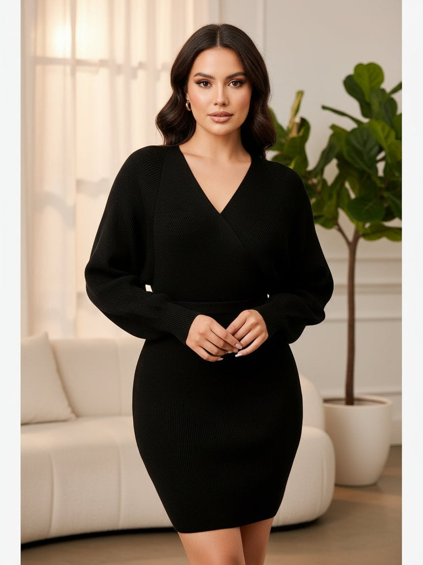 Off Shoulder Wrap Belted Ribbed Sweather Dress - Chic Women's | Belle Kloset Fashion