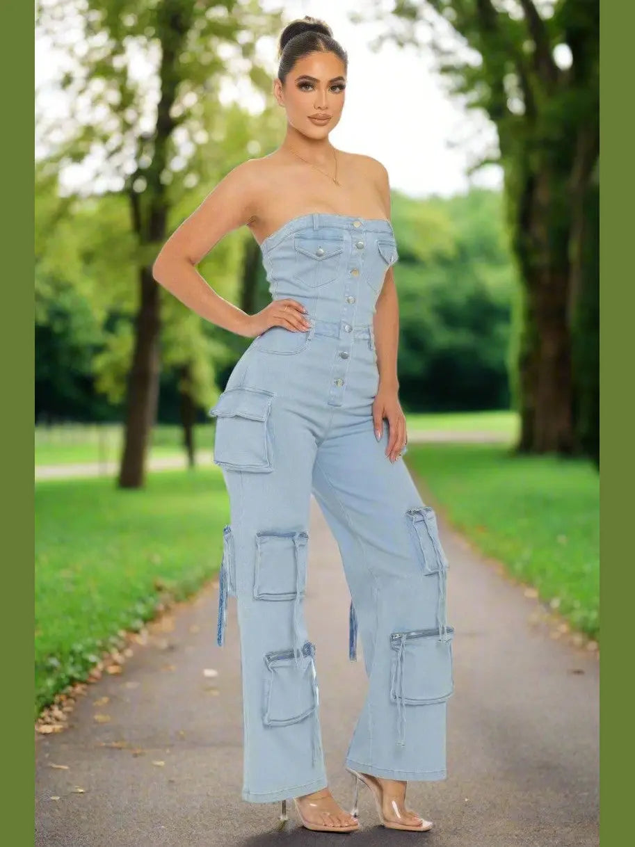 Strapless Denim Jumpsuit - Chic Women's Outfit Set | Belle Kloset Fashion
