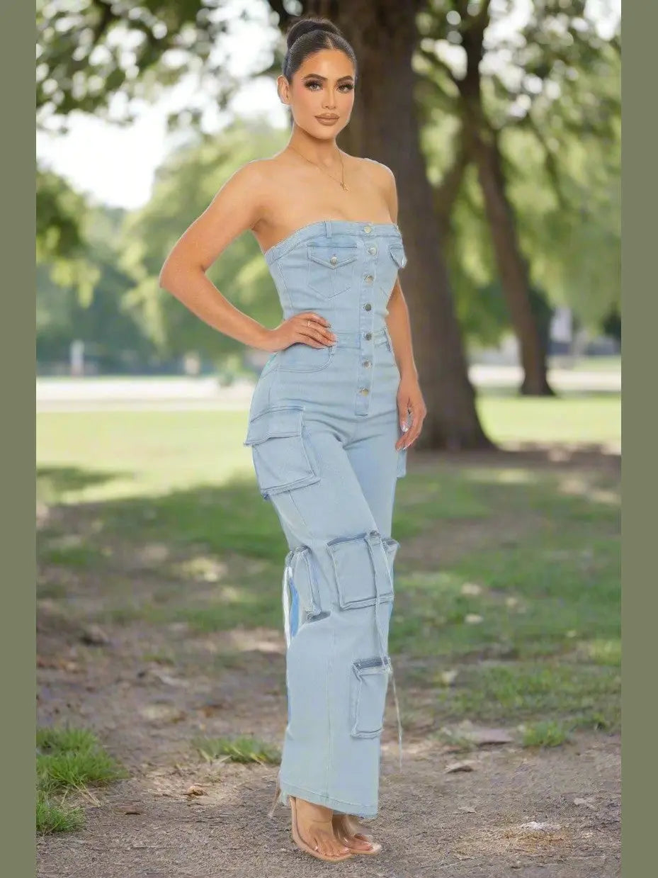 Strapless Denim Jumpsuit - Chic Women's Outfit Set | Belle Kloset Fashion