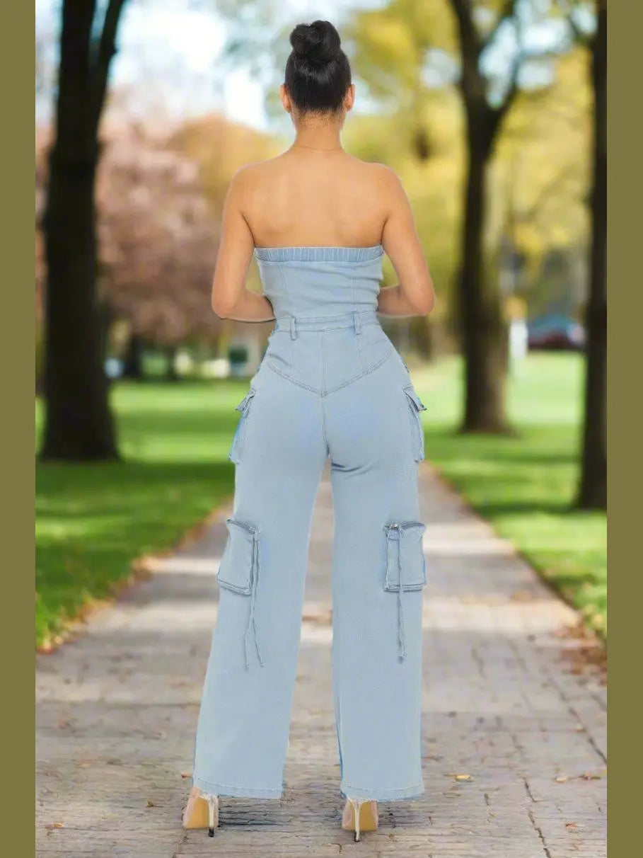 Strapless Denim Jumpsuit - Chic Women's Outfit Set | Belle Kloset Fashion