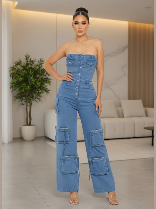Strapless Denim Jumpsuit - Chic Women's Outfit Set | Belle Kloset Fashion