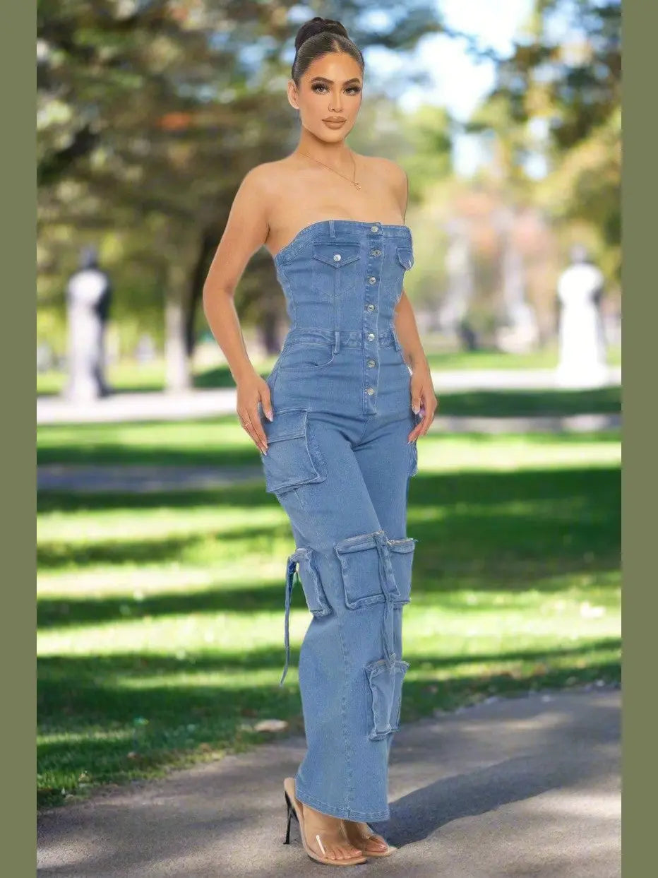 Strapless Denim Jumpsuit - Chic Women's Outfit Set | Belle Kloset Fashion