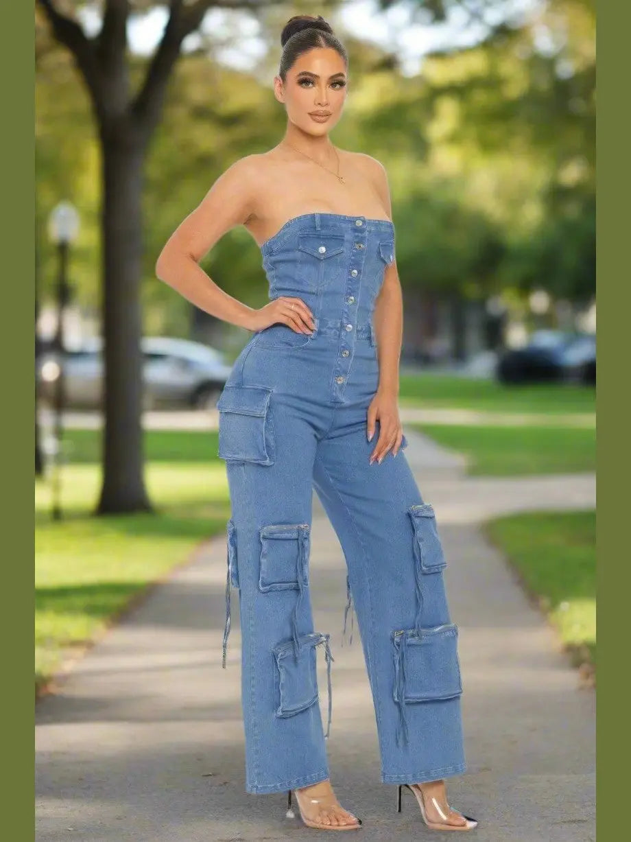 Strapless Denim Jumpsuit - Chic Women's Outfit Set | Belle Kloset Fashion