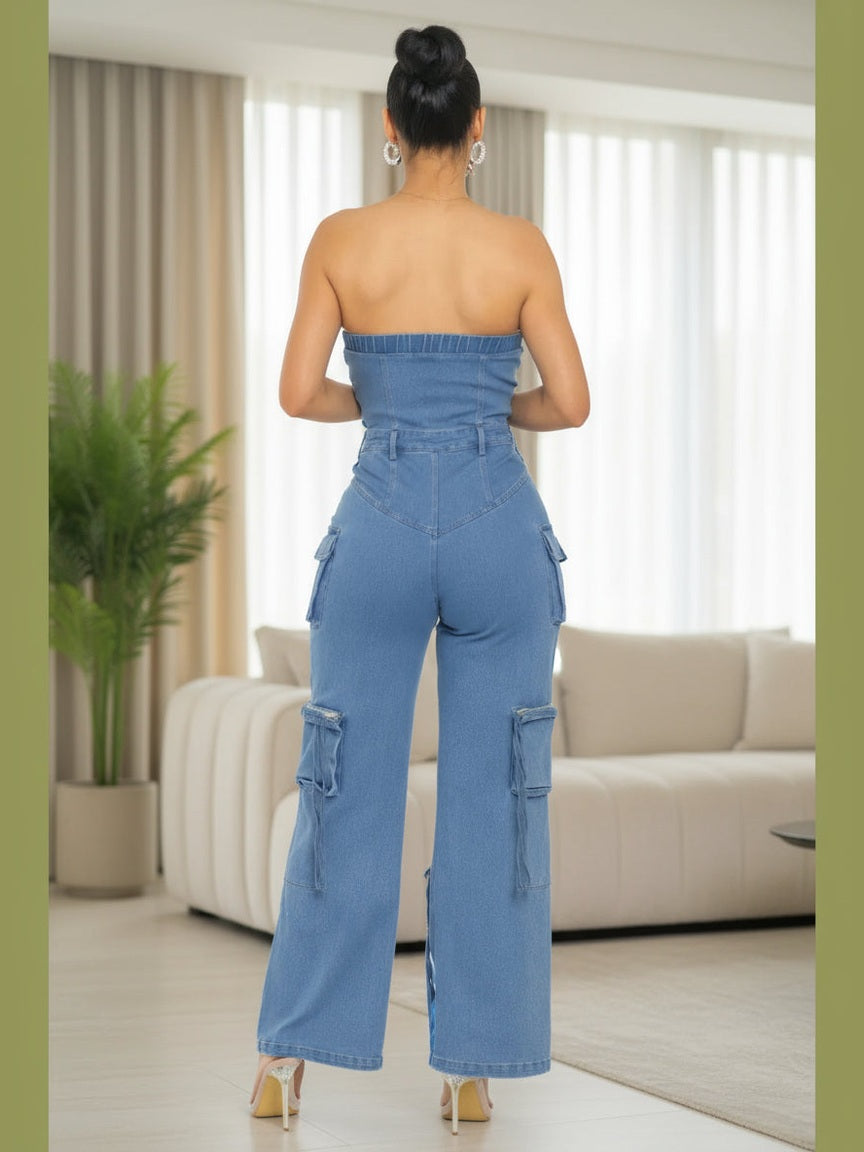 Strapless Denim Jumpsuit - Chic Women's Outfit Set | Belle Kloset Fashion
