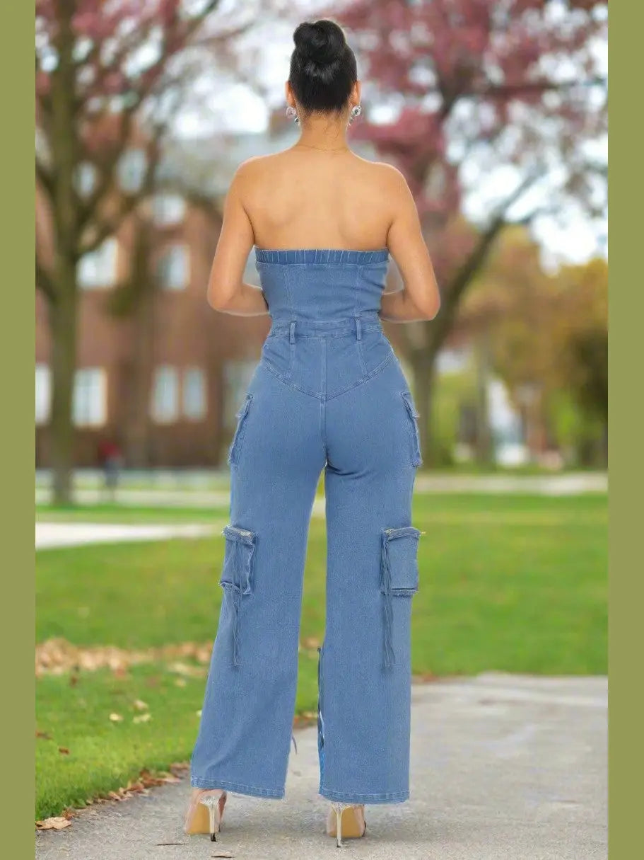 Strapless Denim Jumpsuit - Chic Women's Outfit Set | Belle Kloset Fashion