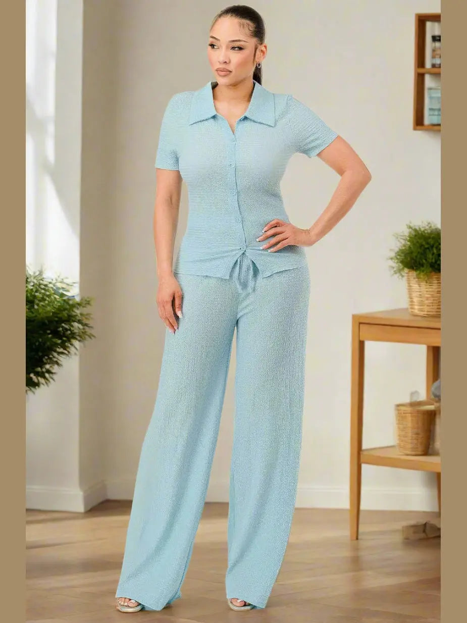 Timeless Polo Top And Pants Set (Blue) - Chic Women's Outfit Set | Belle Kloset Fashion