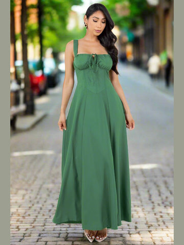 Front view of the Friend Zoned Maxi Dress, highlighting the unique design and flowing skirt.