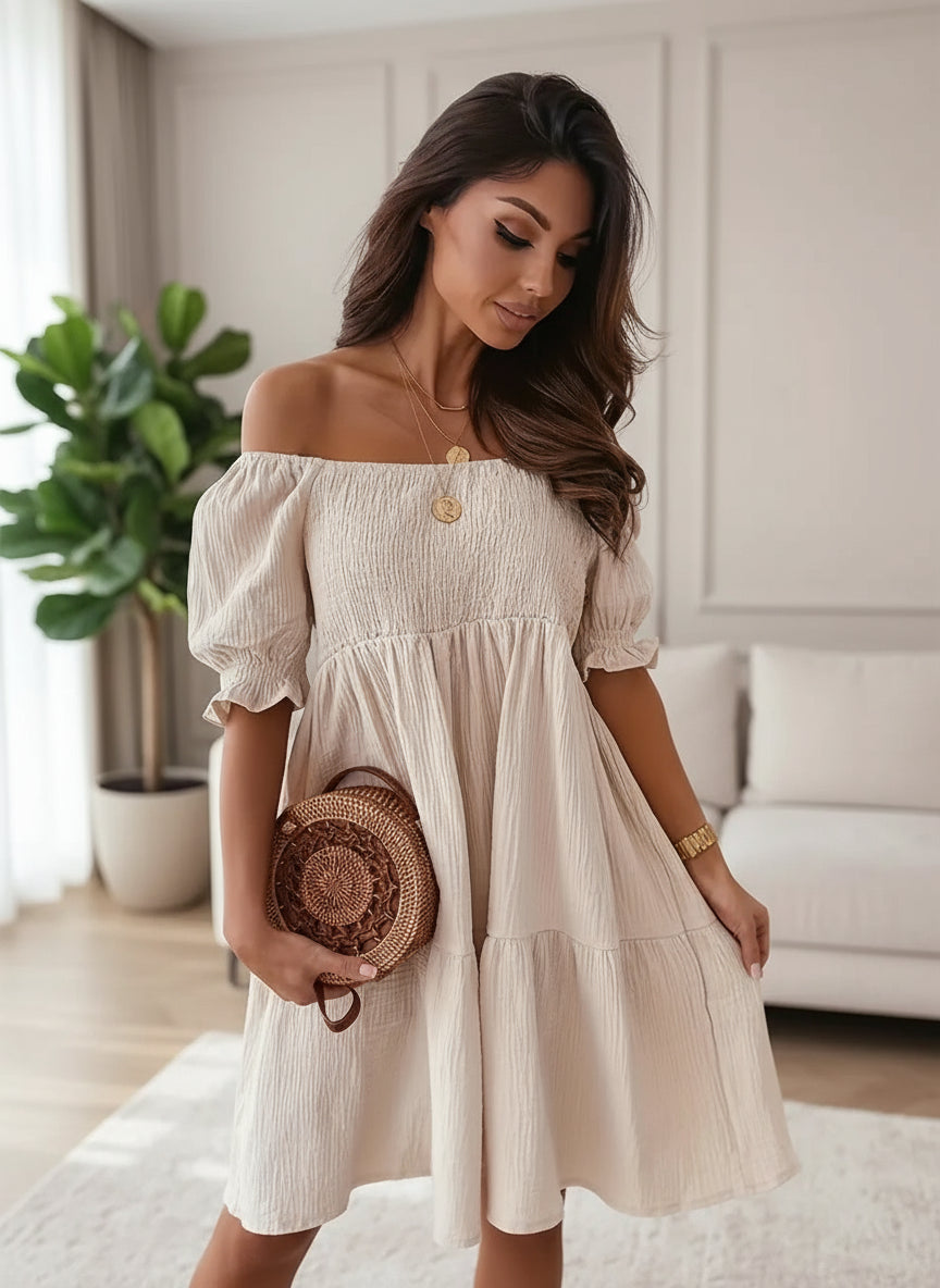 Romantic Ruffle Off-Shoulder Dress in khaki, full front view.