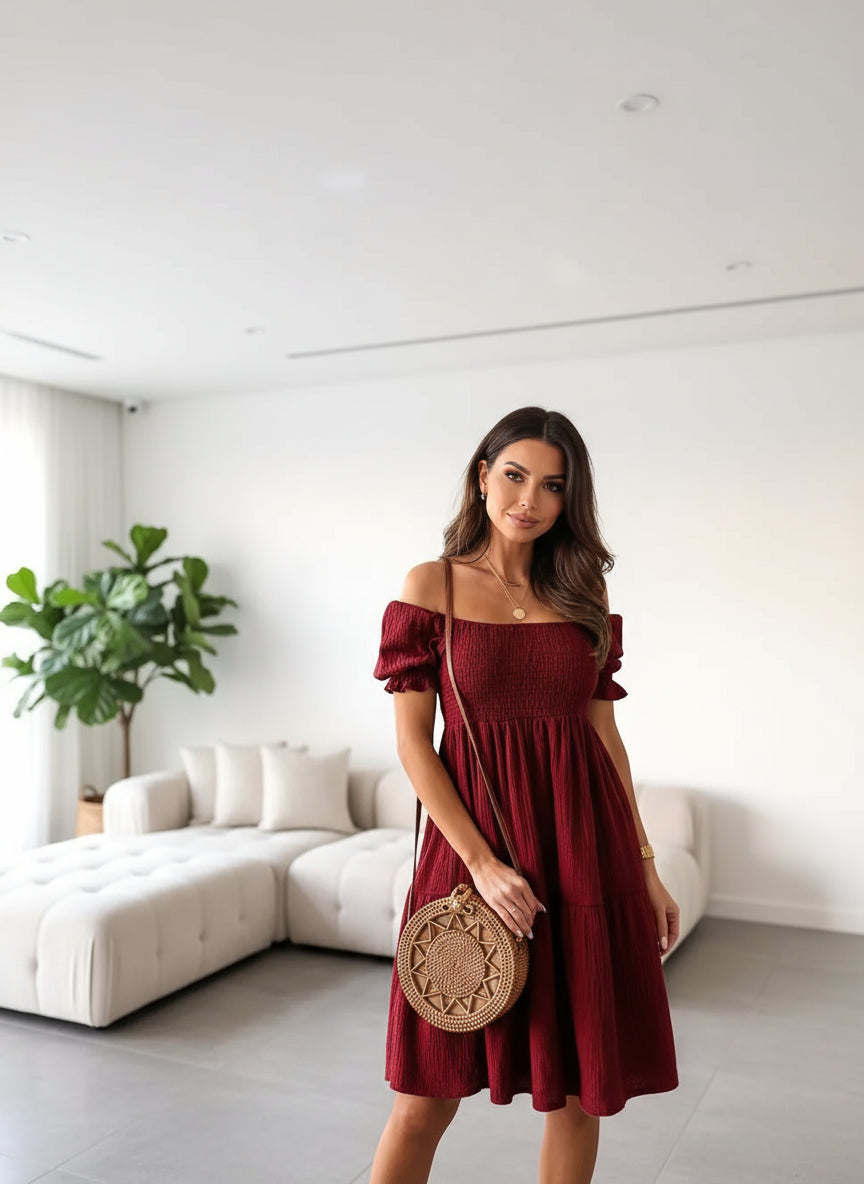 Romantic Ruffle Off-Shoulder Dress in khaki, full front view.