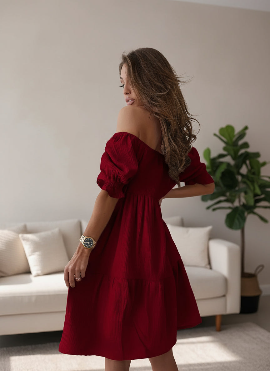 Romantic Ruffle Off-Shoulder Dress in burgundy, full front view.
