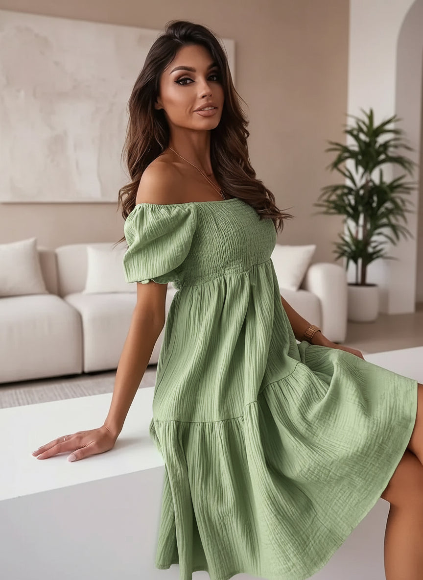 Romantic Ruffle Off-Shoulder Dress in green, full front view