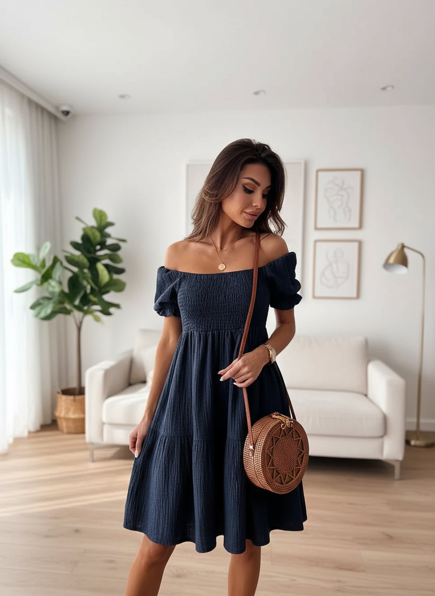 Romantic Ruffle Off-Shoulder Dress in blue full front view.