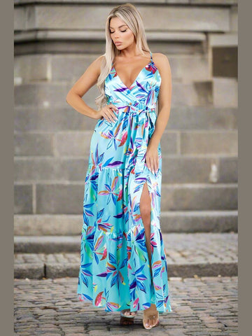 Front view of the Star Gazing Maxi Dress in Blue, highlighting its chic cut-off front side and modern maxi silhouette