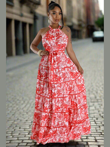 Model in the Summer Fling Maxi Dress in Red, featuring a self-strip neck back design, exuding elegance and sophistication