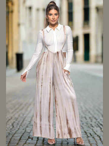 Front view of the Tie-Dye Drawstring Baggy Jumpsuit in Mocha, emphasizing the tie-dye pattern and comfortable design.