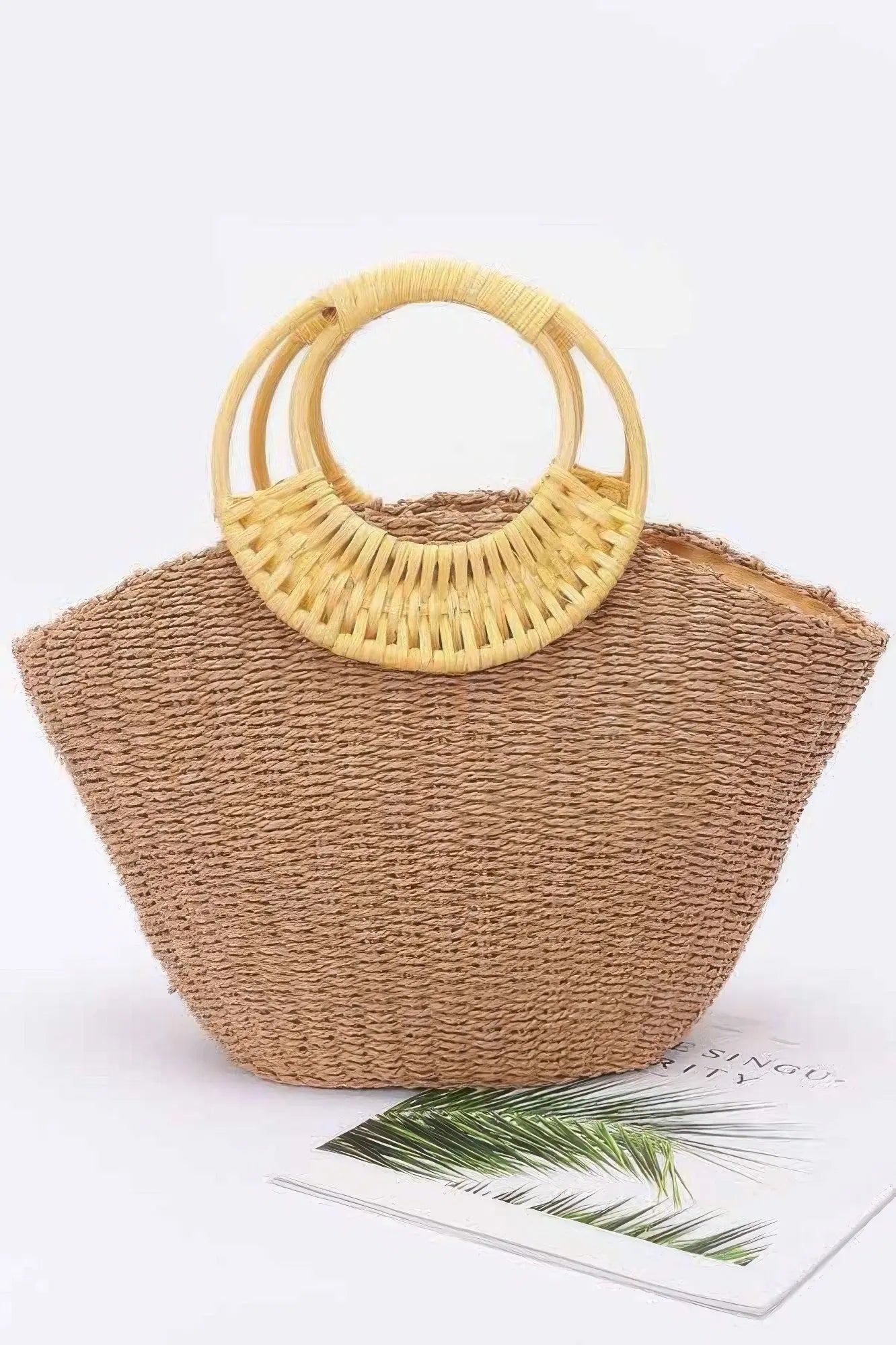 Faux Straw Tote Bag with Bamboo Handles - Belle Kloset