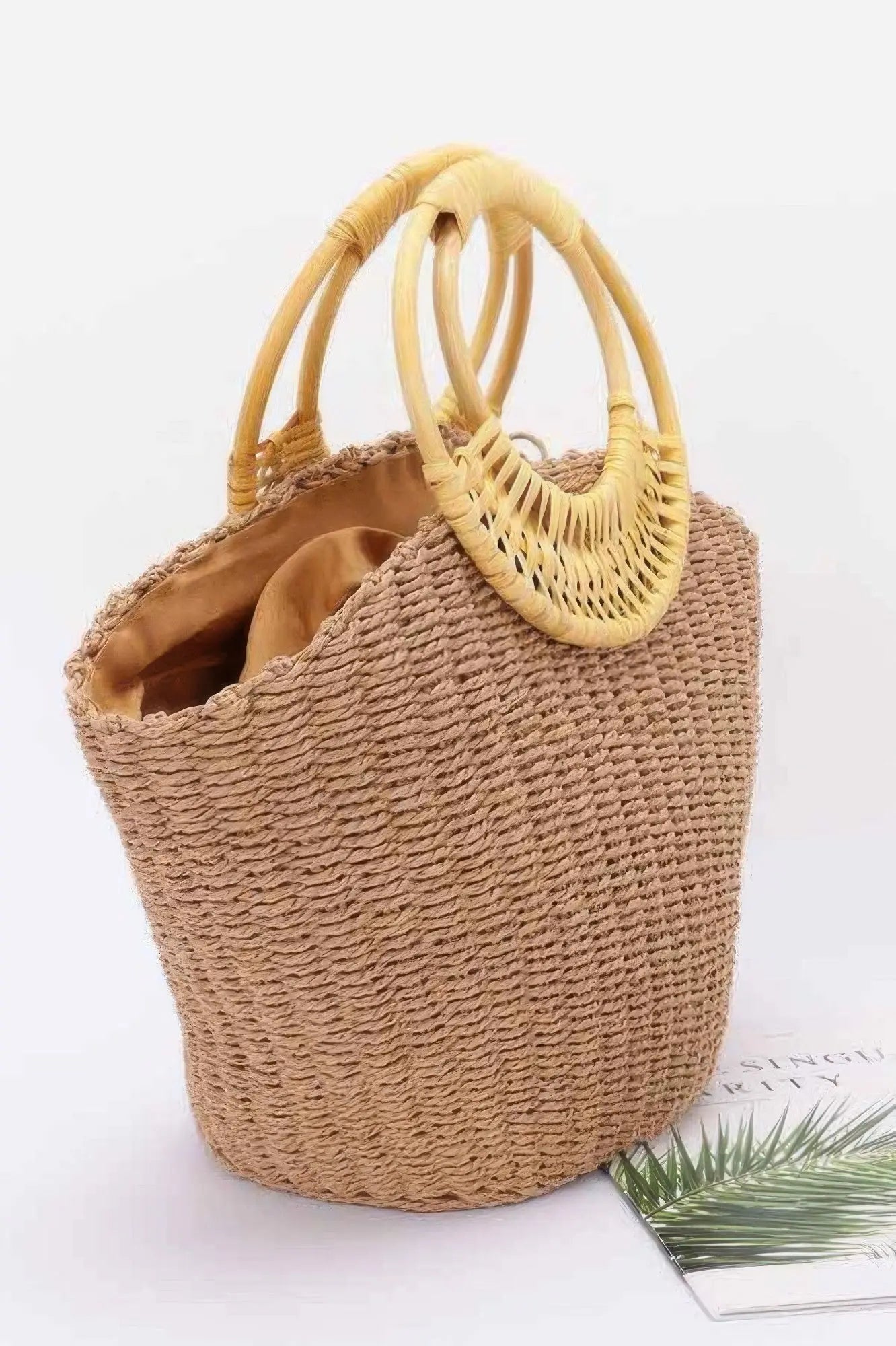 Faux Straw Tote Bag with Bamboo Handles - Belle Kloset